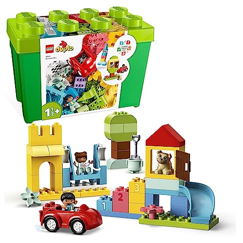 LEGO DUPLO Contenitore di Mattoncini Grande con Macchina Giocattolo, 2 Personaggi e 1 Cane, Giochi Educativi per Bambini