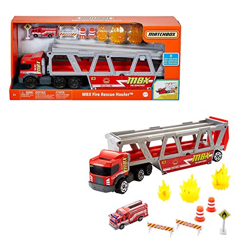 Matchbox- Camion dei Pompieri con Veicolo che può Contenere 16 Macchinine, Rampa e 8 Accessori, Giocattolo per Bambini