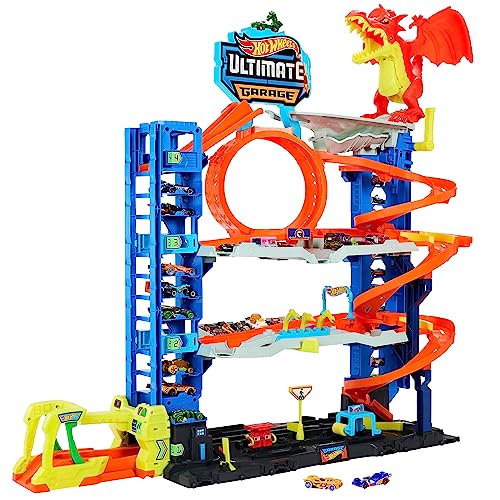 Hot Wheels City 'Let's Race' Netflix - Mega Garage, Playset con quattro livelli di gioco e drago divora auto, con 2