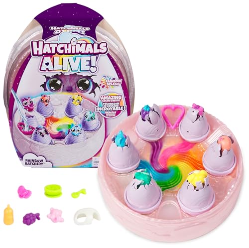 Hatchimals Alive, Rainbow Hatchery, giocattolo con 6 mini personaggi in uova con colore a sorpresa e oltre 10 accessori,