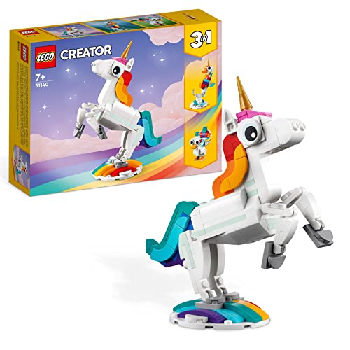 LEGO 31140 Creator Unicorno Magico con Arcobaleno, Set 3 in 1 con Fantastici Animali Giocattolo per Bambini e Bambine,