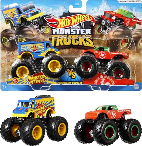 Hot Wheels Monster Trucks Demolition Doubles , confezione da 2 con diversi modelli, incl. statistiche dettagliate sulla