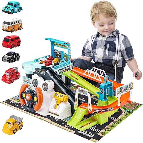 Acemall 2 IN 1 giocattoli per auto per bambini con musica, Large Car Rescue Adventure, Pista Macchinine Giocattoli