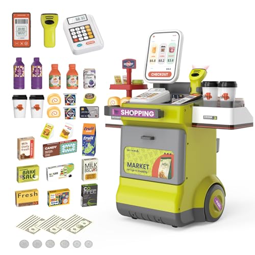 KalaDuck Cassa Supermercato Giocattolo per Bambini, 48PCS Carrello del Registratore di Cassa con Scanner, Calcolatrice,