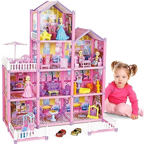 deAO Casa delle Bambole Giocattolo per Bambini Casa dei Sogni Fai da Te Set con Bambole, Mobili e Accessori, 4 Piani 9