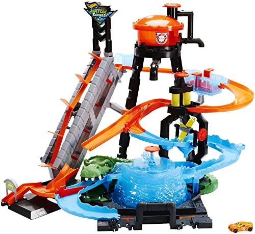 Hot Wheels Mega Autolavaggio Playset per Macchinine con Pista Selvaggia e Coccodrillo, Torre dell'Acqua, Vasca del