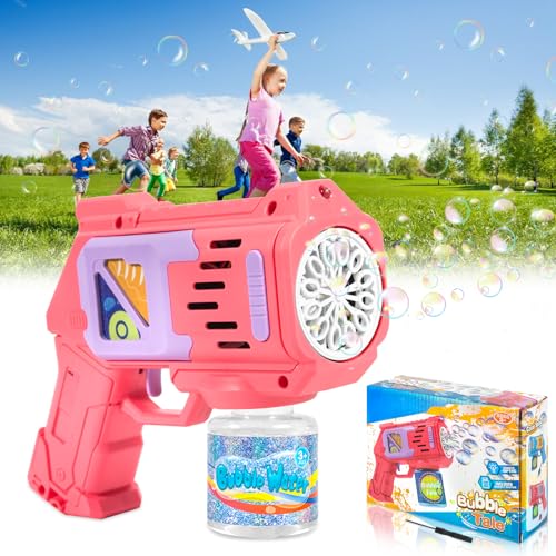 AQXONG 12 Buche Pistola per Bolle di Sapone, Pistola per Bolle con Luce LED, 4000+ Bolle/Minuto, 100ML Pistola per Bolle