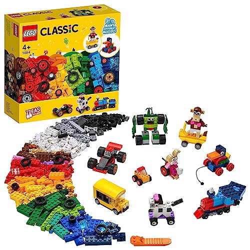 LEGO Classic Mattoncini e Ruote, Set con 9 Modellini da Costruire con Mattoncini Colorati tra cui Skateboard, Treno,