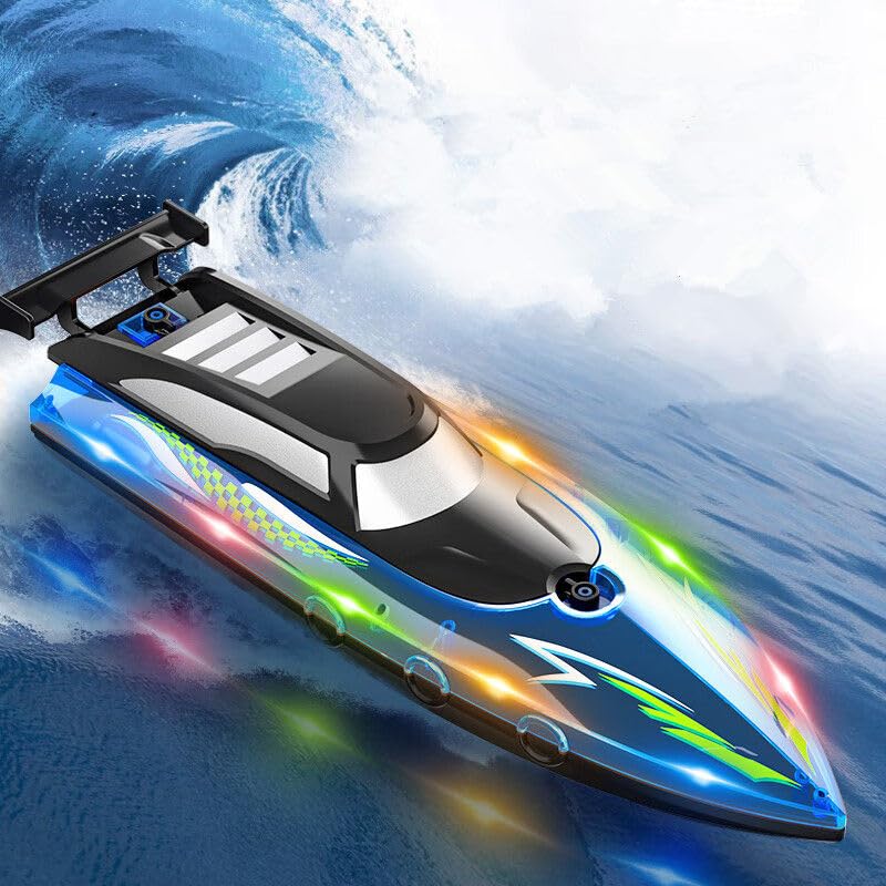 OBEST Barca Telecomandata, RC Barca da Corsa Alta Velocità con Luce LED, 2.4 GHz Motoscafo Elettrico per Piscine e