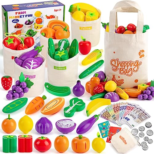 SEMKOTREE Cucina Bambini, Cibo Giocattolo per Bambini Giochi Montessori in Legno Negozio Bambini Legno con Soldi Finti,